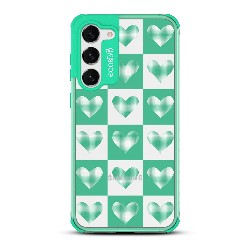 Quilty Pleasures - Green Eco-Friendly Galaxy S23 Case With Checkered Print With Knitted Hearts On A Clear Back