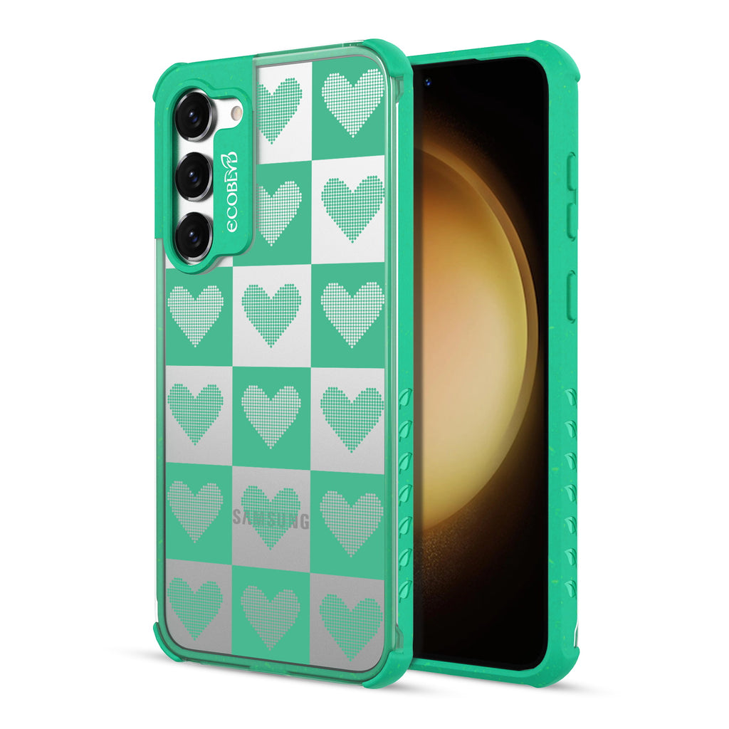 Quilty Pleasures - Back View Of Green & Clear Eco-Friendly Galaxy S23 Case & A Front View Of The Screen