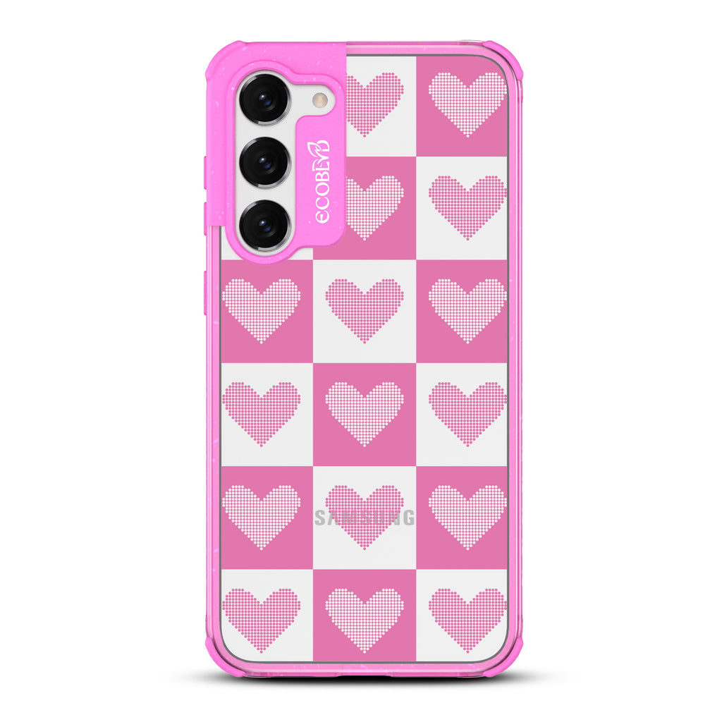 Quilty Pleasures - Pink Eco-Friendly Galaxy S23 Case With Checkered Print With Knitted Hearts On A Clear Back