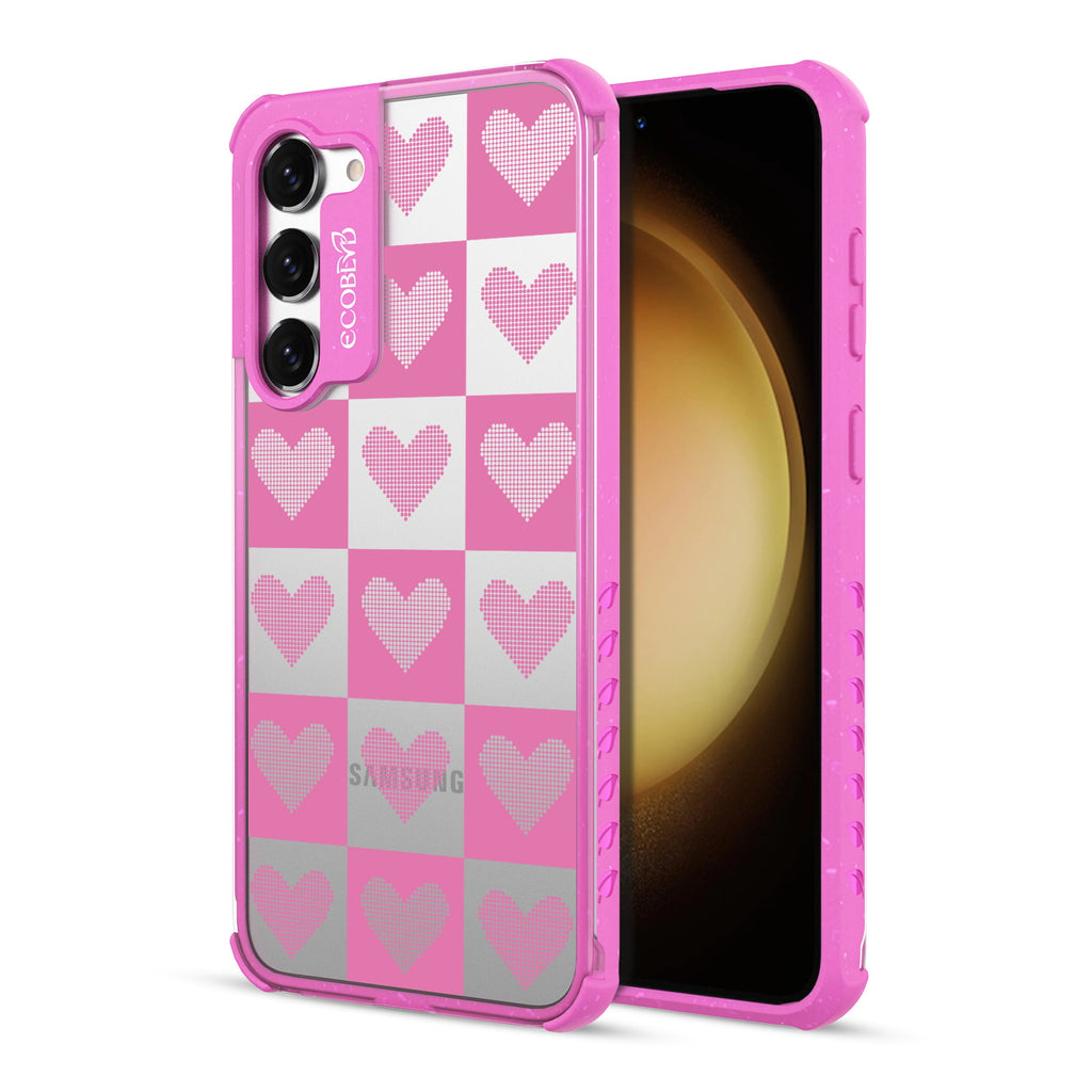 Quilty Pleasures - Back View Of Pink & Clear Eco-Friendly Galaxy S23 Case & A Front View Of The Screen
