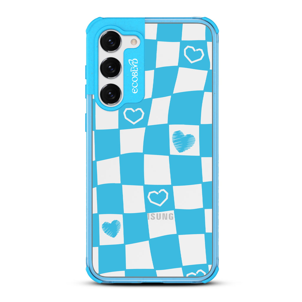 Reality Check - Blue Eco-Friendly Galaxy S23 Plus Case With Wavy Checkered Print & Scribbled Hearts On A Clear Back