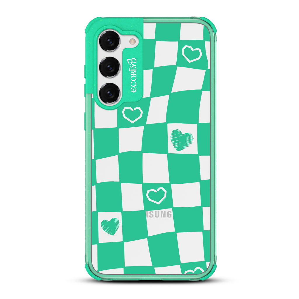 Reality Check - Green Eco-Friendly Galaxy S23 Plus Case With Wavy Checkered Print & Scribbled Hearts On A Clear Back