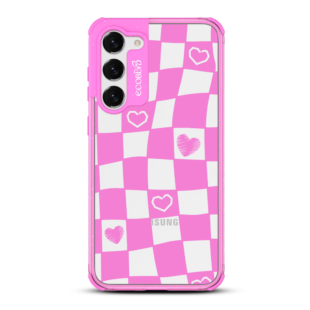 Reality Check - Pink Eco-Friendly Galaxy S23 Case With Wavy Checkered Print & Scribbled Hearts On A Clear Back