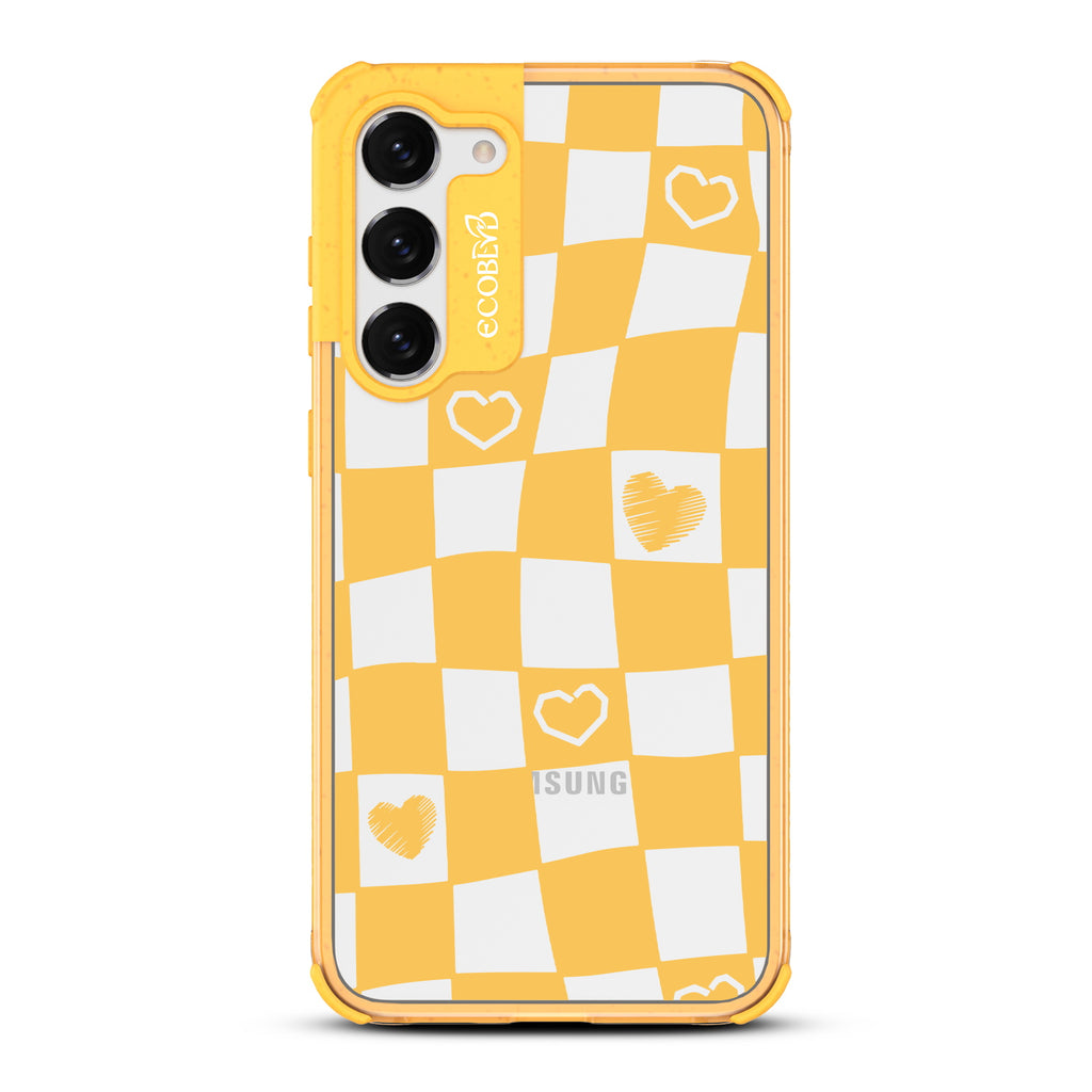Reality Check - Yellow Eco-Friendly Galaxy S23 Plus Case With Wavy Checkered Print & Scribbled Hearts On A Clear Back