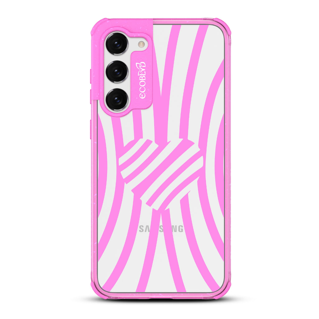 Swirl Of Emotion - Pink Eco-Friendly Galaxy S23 Case With Black Zebra Stripes & A Heart In The Center On A Clear Back