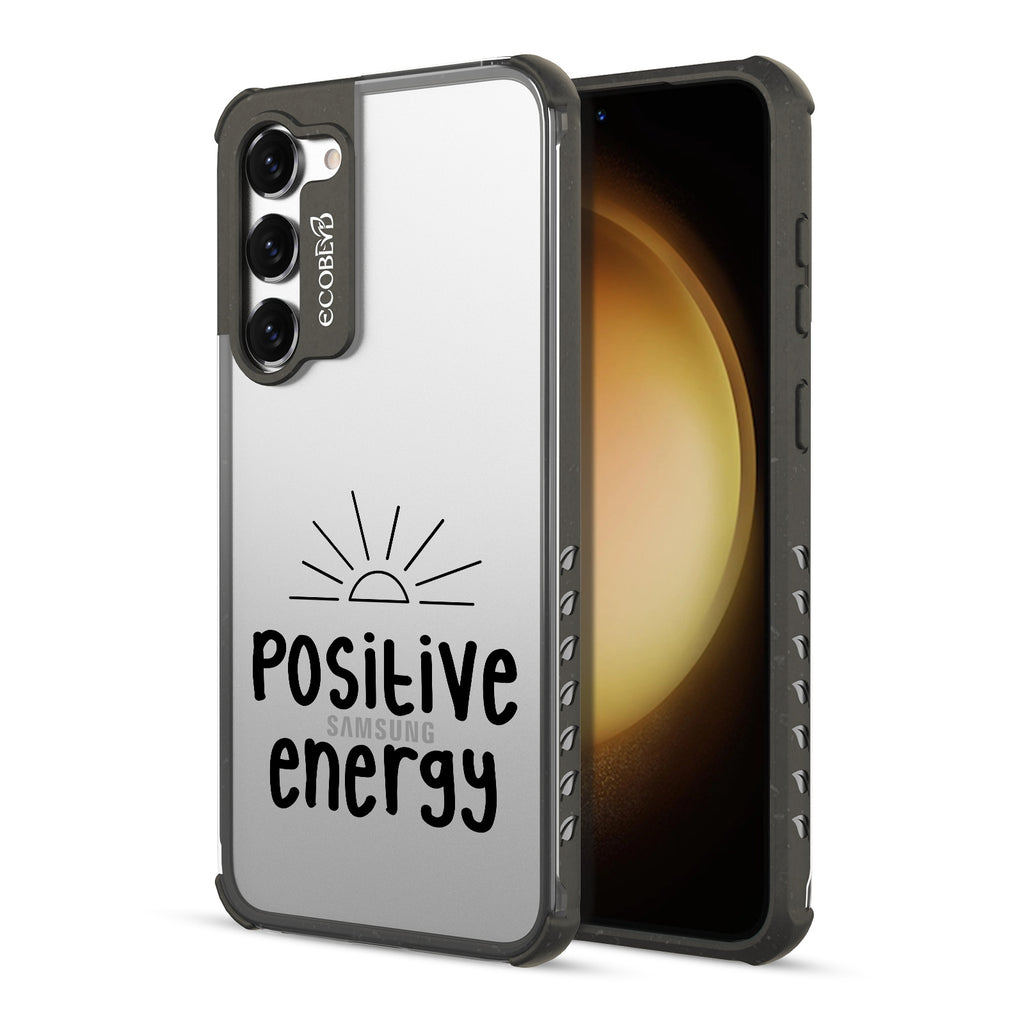 Positive Energy- Back View Of Black & Green Eco-Friendly Galaxy S23 Case & A Front View Of The Screen