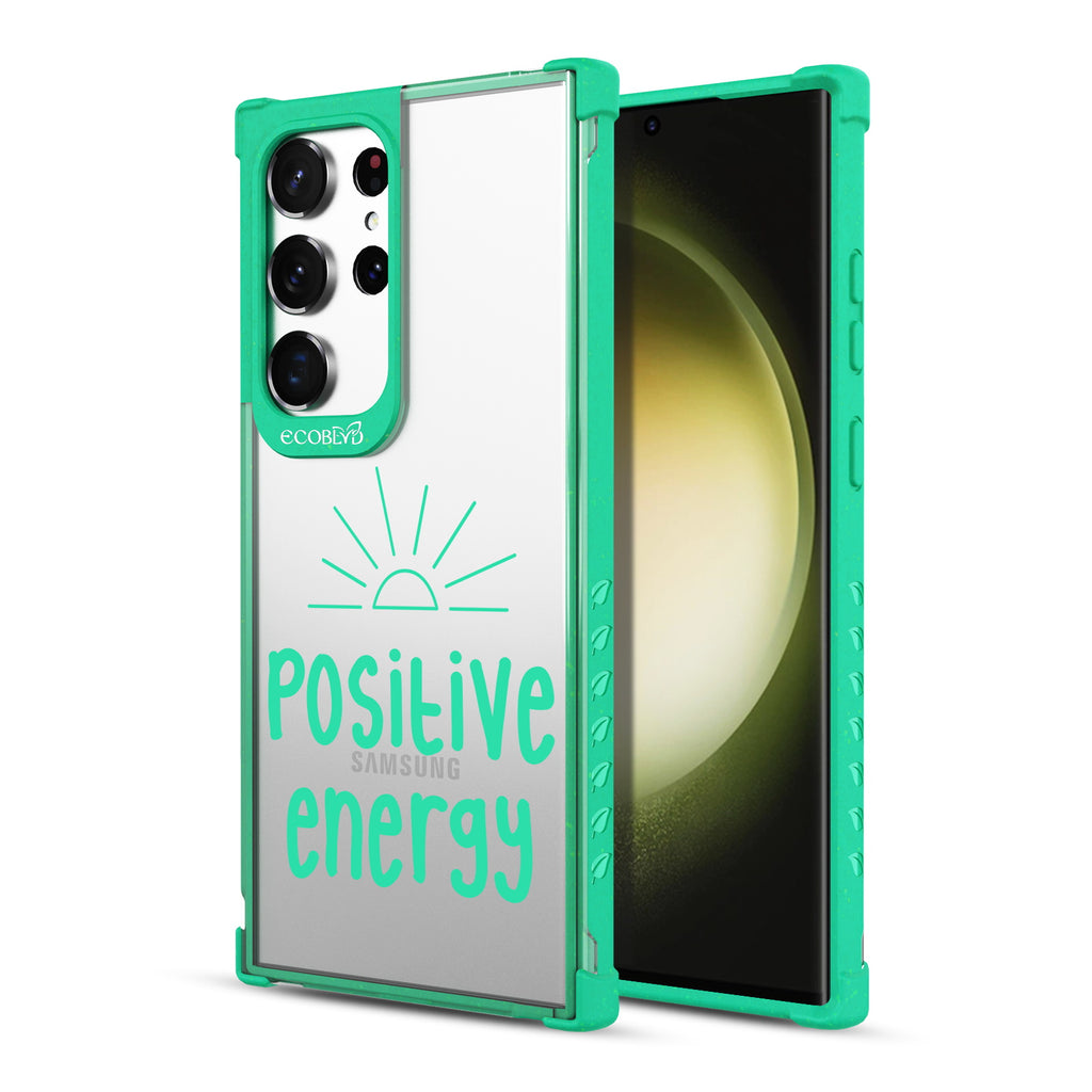 Positive Energy- Back View Of Green & Clear Eco-Friendly Galaxy S23 Ultra Case & A Front View Of The Screen