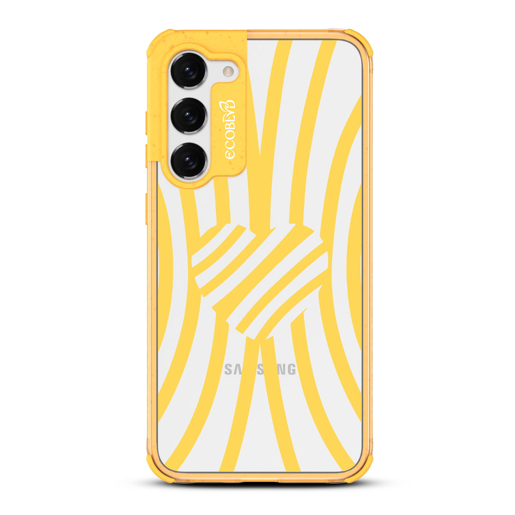 Swirl Of Emotion - Yellow Eco-Friendly Galaxy S23 Plus Case With Black Zebra Stripes & A Heart In The Center On A Clear Back