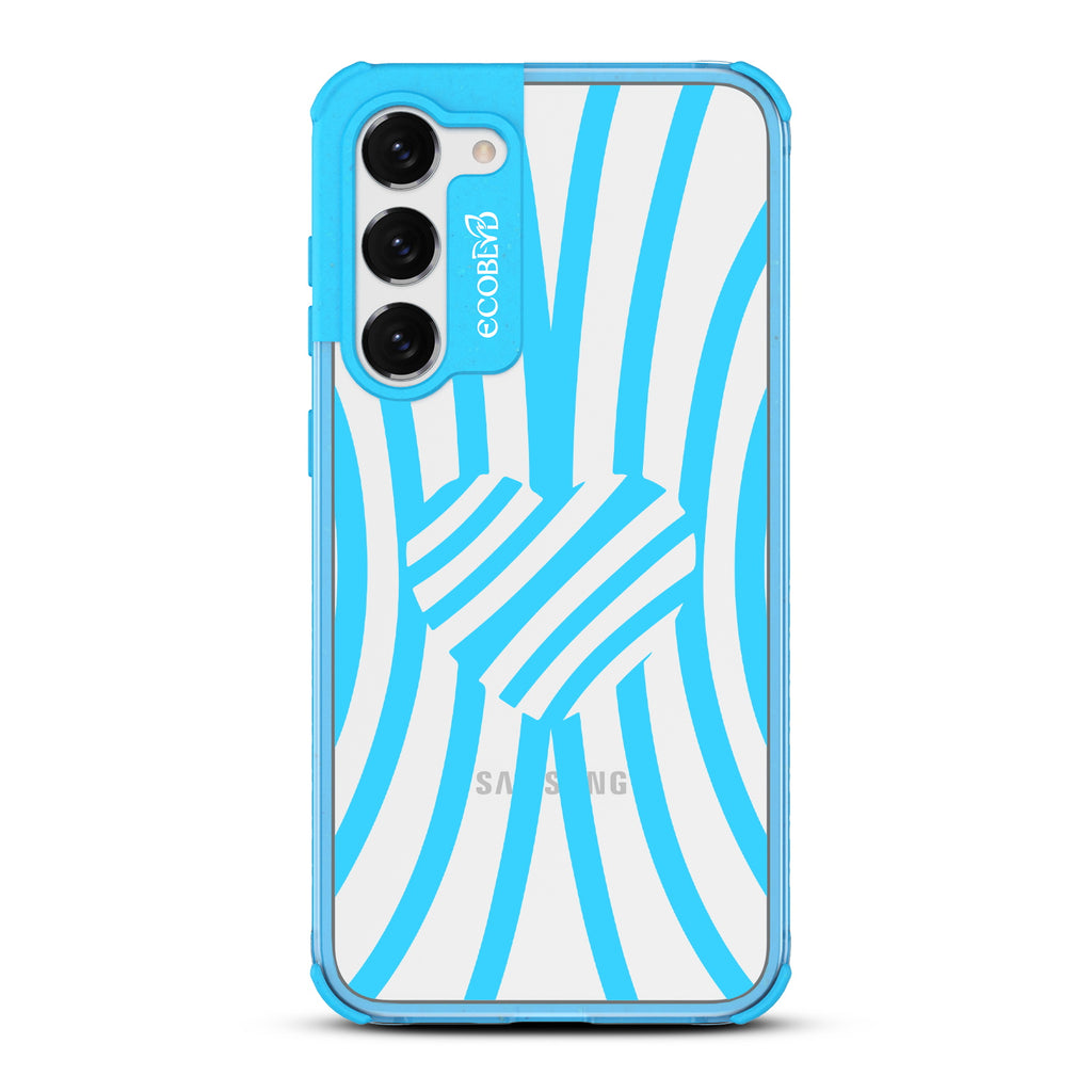 Swirl Of Emotion - Blue Eco-Friendly Galaxy S23 Case With Black Zebra Stripes & A Heart In The Center On A Clear Back
