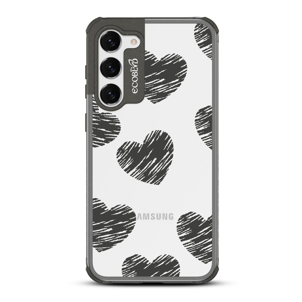 Drawn To You - Black Eco-Friendly Galaxy S23 Case with Sketched Hearts On A Clear Back