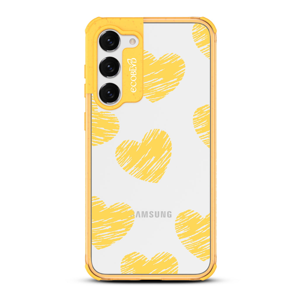 Drawn To You - Yellow Eco-Friendly Galaxy S23 Case with Sketched Hearts On A Clear Back
