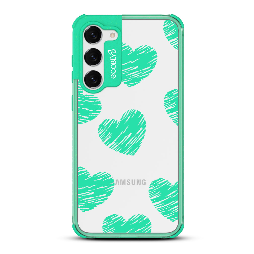 Drawn To You - Green Eco-Friendly Galaxy S23 Case with Sketched Hearts On A Clear Back
