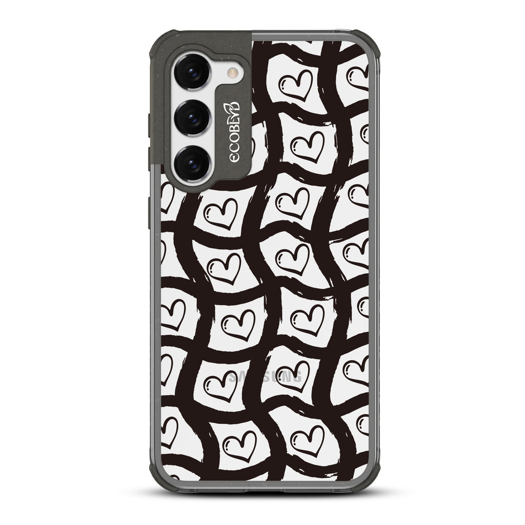Waves Of Affection - Black Eco-Friendly Galaxy S23 Case With Wavy Paint Stroke Checker Print With Hearts On A Clear Back