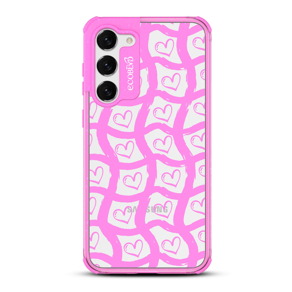 Waves Of Affection - Pink Eco-Friendly Galaxy S23 Plus Case With Wavy Paint Stroke Checker Print With Hearts On A Clear Back