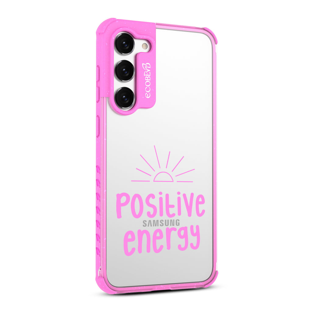 Positive Energy - Left-side View Of Pink & Clear Eco-Friendly Galaxy S23 Plus Case