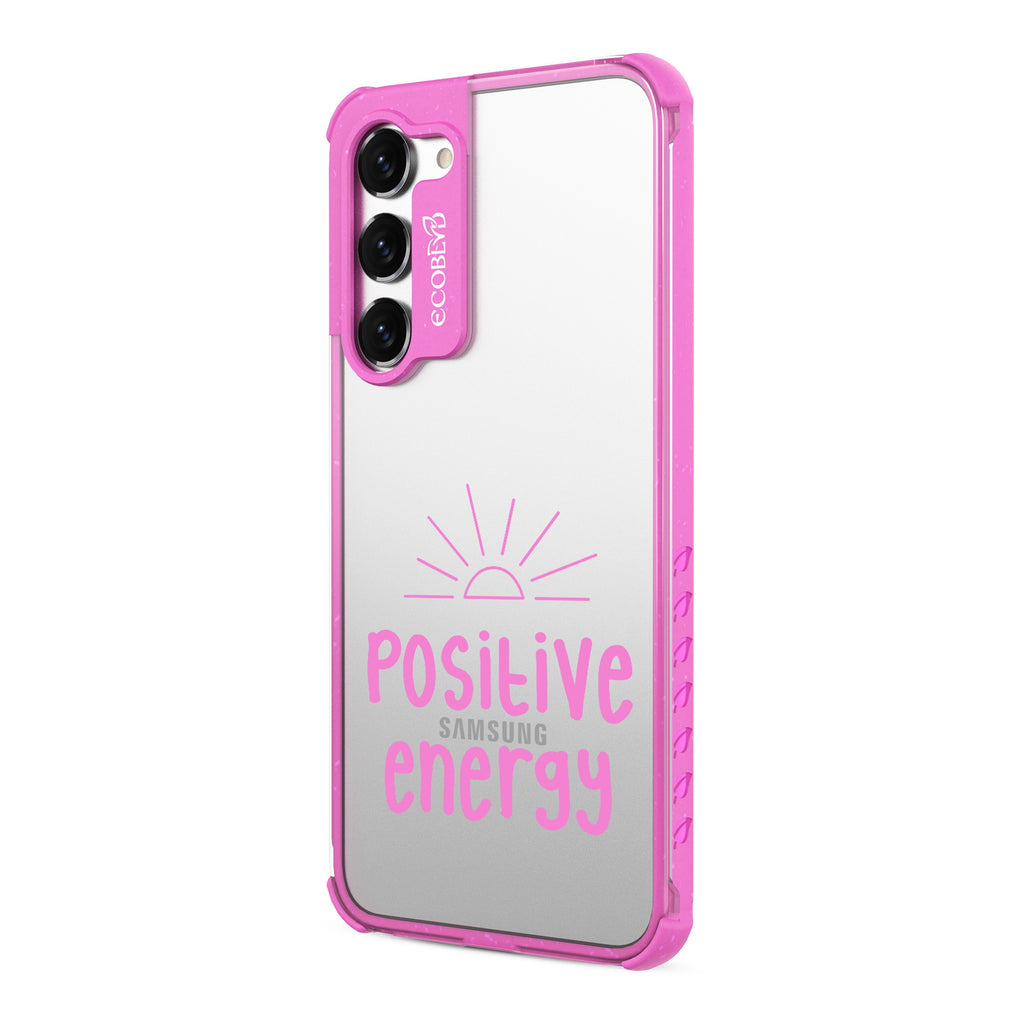Positive Energy - Right-side View Of Pink & Clear Eco-Friendly Galaxy S23 Case