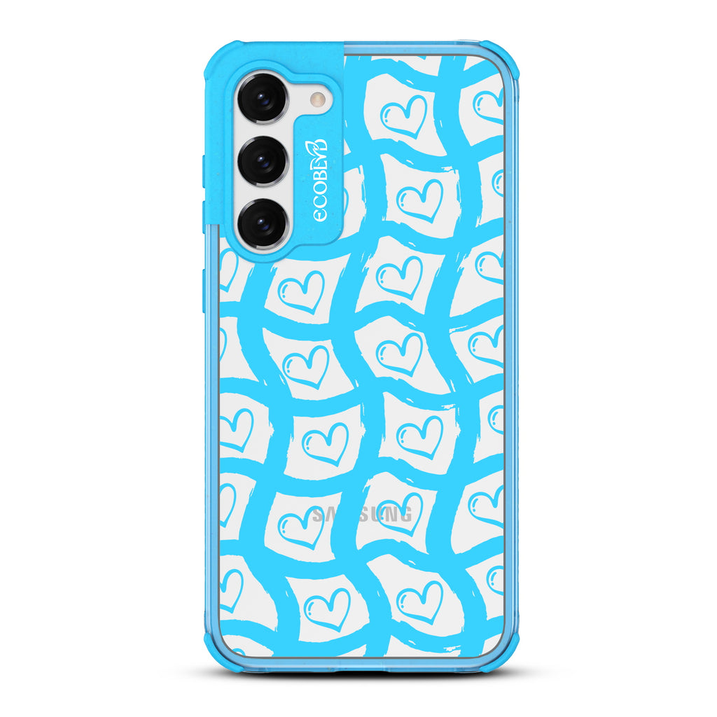 Waves Of Affection - Blue Eco-Friendly Galaxy S23 Plus Case With Wavy Paint Stroke Checker Print With Hearts On A Clear Back