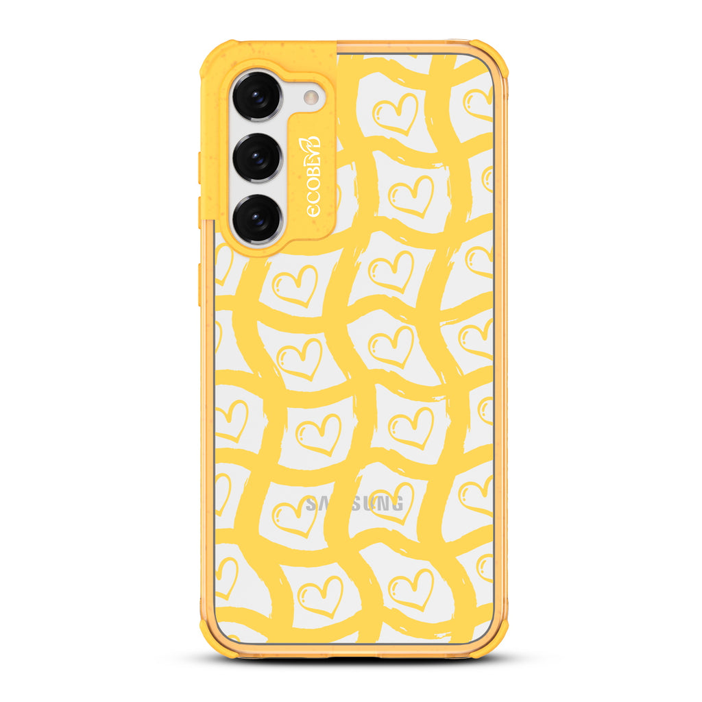 Waves Of Affection - Yellow Eco-Friendly Galaxy S23 Plus Case With Wavy Paint Stroke Checker Print With Hearts On A Clear Back