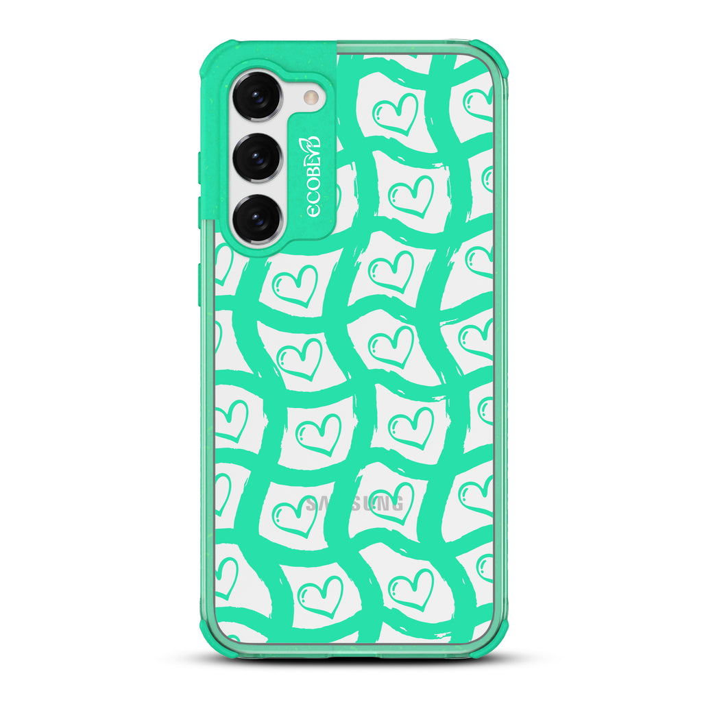 Waves Of Affection - Green Eco-Friendly Galaxy S23 Case With Wavy Paint Stroke Checker Print With Hearts On A Clear Back
