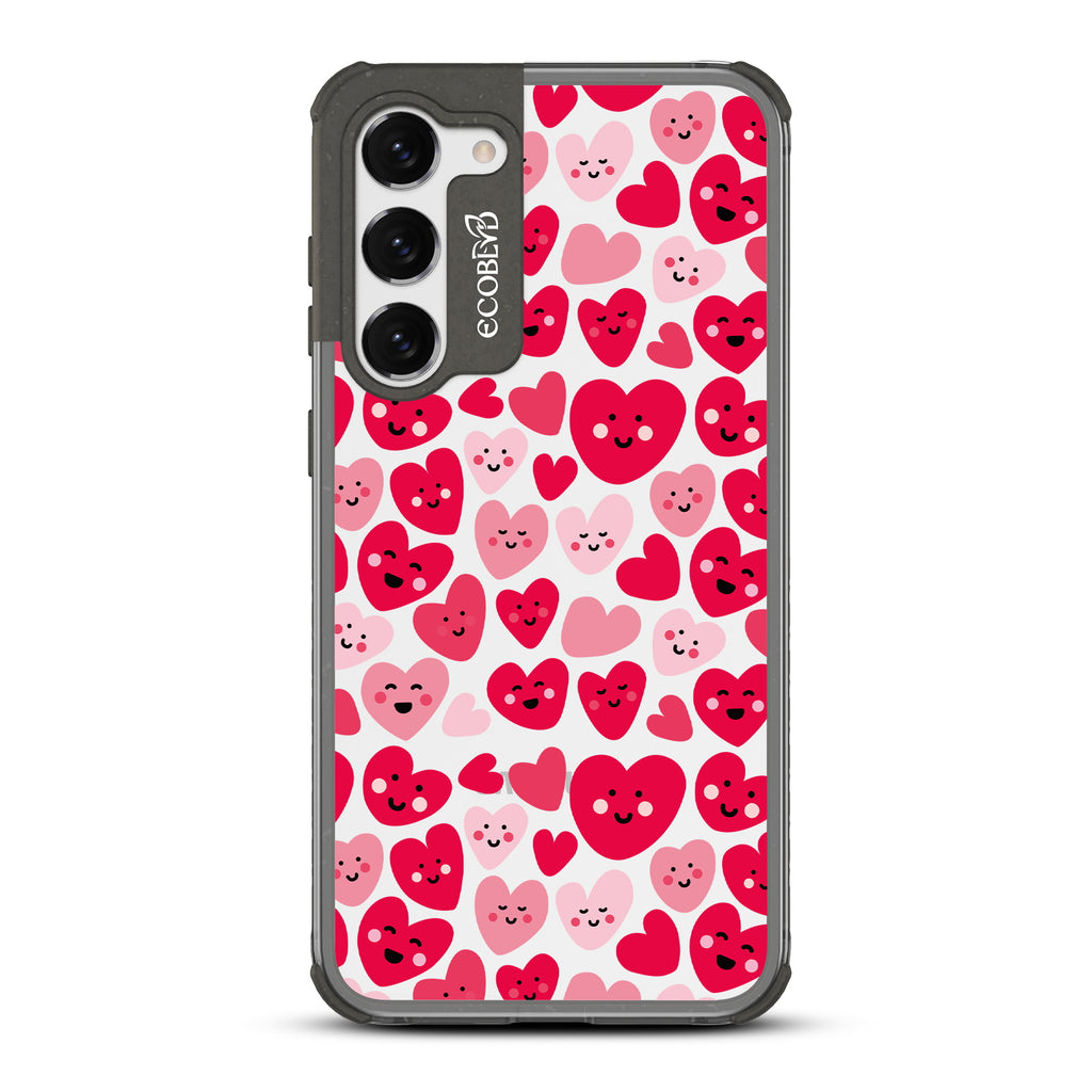 Happy Hearts - Black Eco-Friendly Galaxy S23 Case With Pink & Red Smiling Cartoon Hearts On A Clear Back