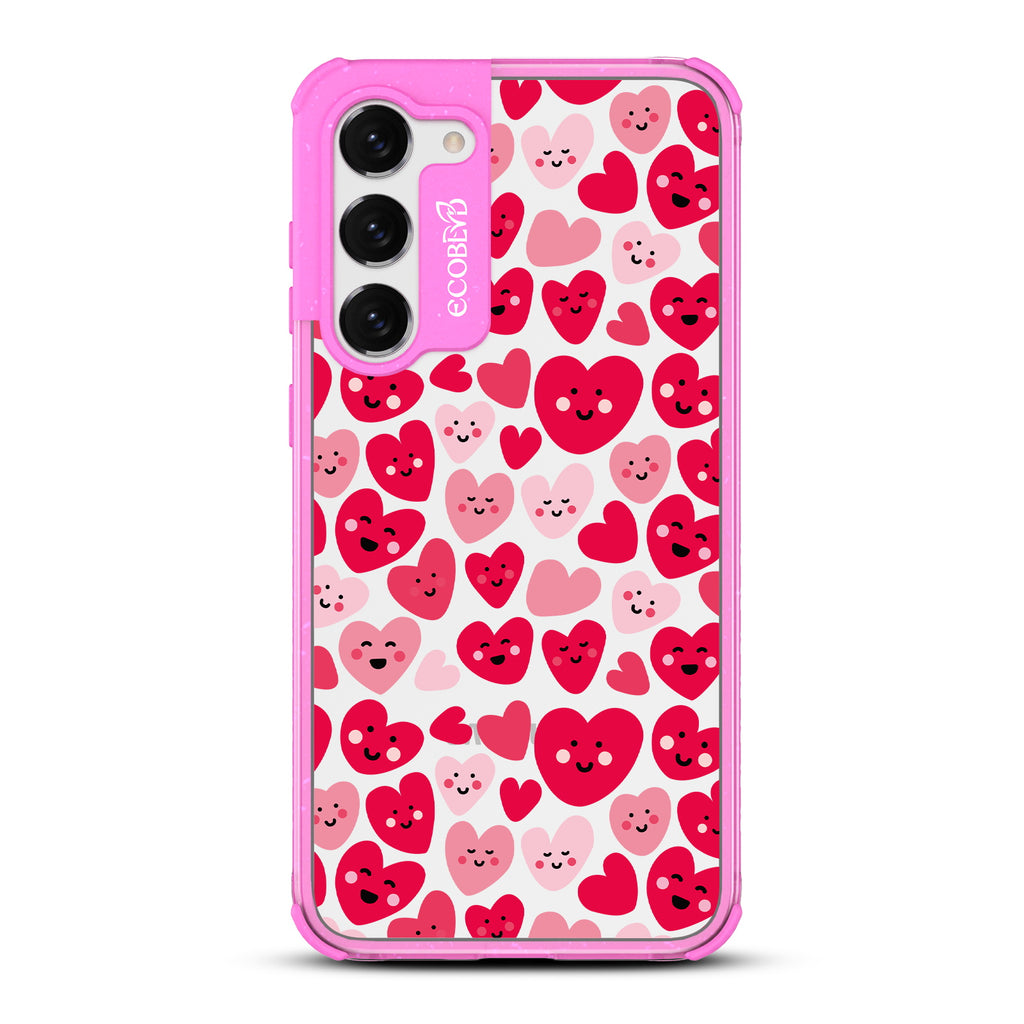 Happy Hearts - Pink Eco-Friendly Galaxy S23 Case With Pink & Red Smiling Cartoon Hearts On A Clear Back