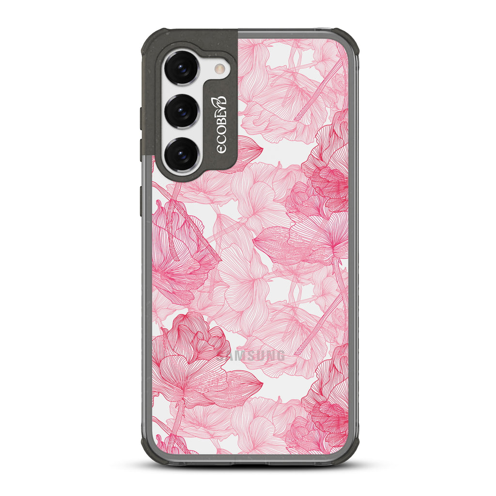 Blushed Pink - Black Eco-Friendly Galaxy S23 Case with Pink Rose Floral Line Art On A Clear Back