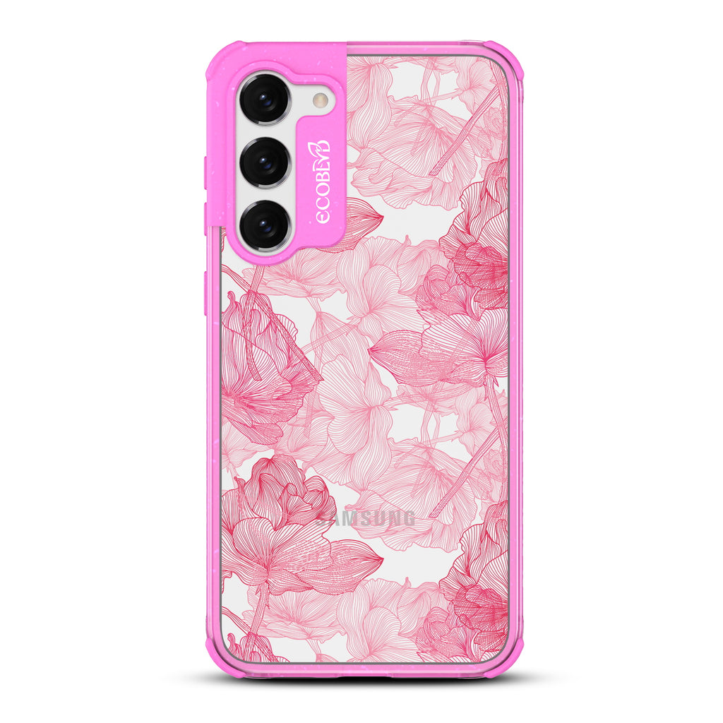 Blushed Pink - Pink Eco-Friendly Galaxy S23 Case with Pink Rose Floral Line Art On A Clear Back