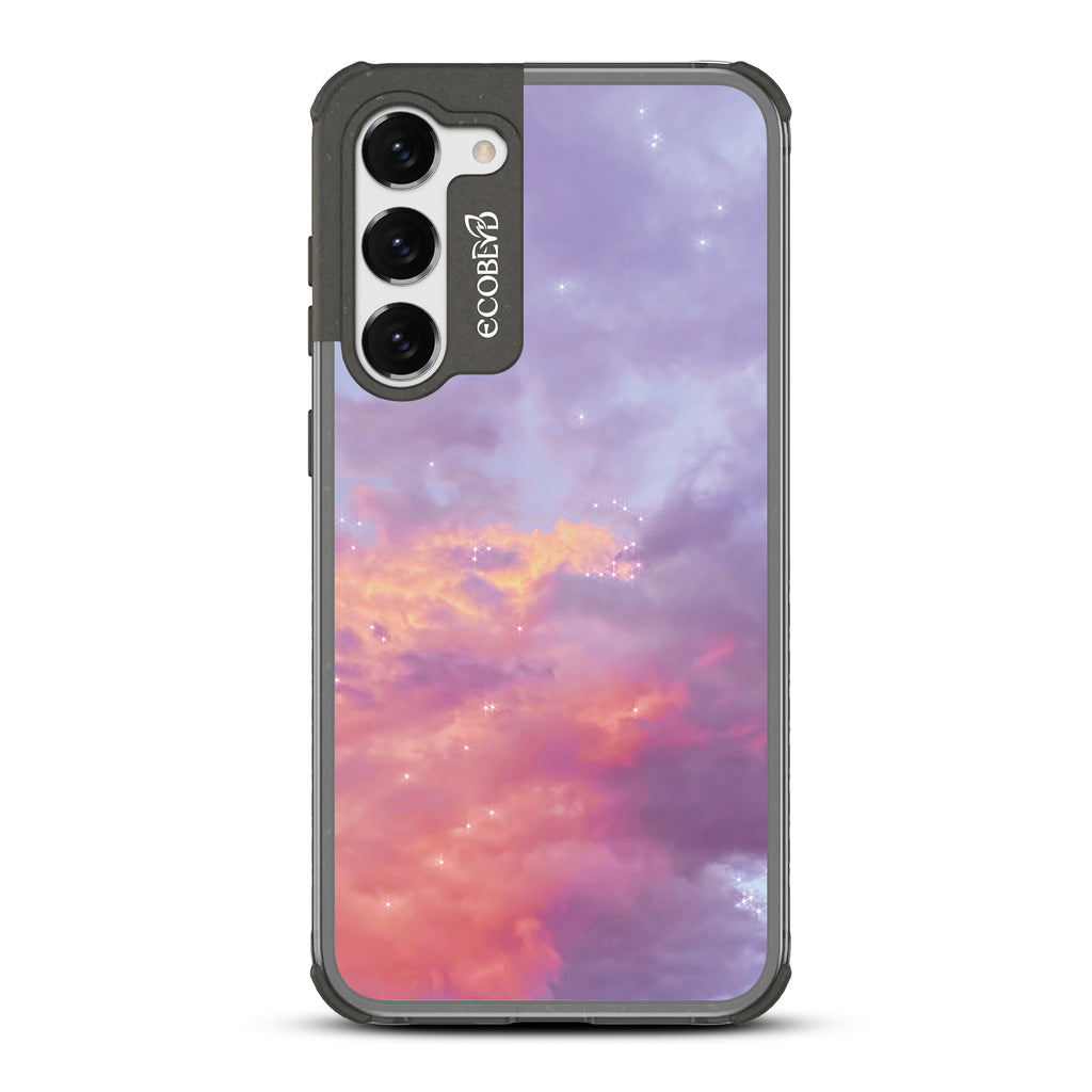  Star Crossed Lovers - Black Eco-Friendly Galaxy S23 Case With Cloudy Pastel Sunset With Stars On A Clear Back