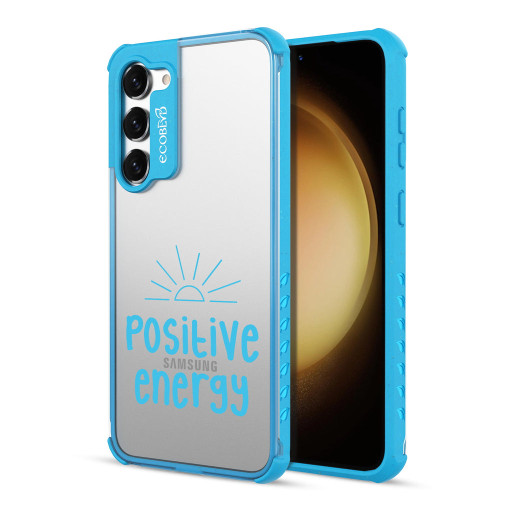Positive Energy- Back View Of Blue & Clear Eco-Friendly Galaxy S23 Case & A Front View Of The Screen