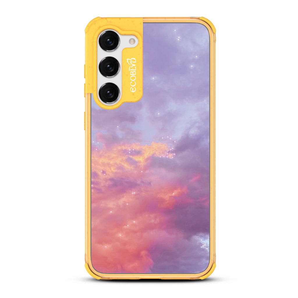 Star Crossed Lovers - Yellow Eco-Friendly Galaxy S23 Plus Case With Cloudy Pastel Sunset With Stars On A Clear Back