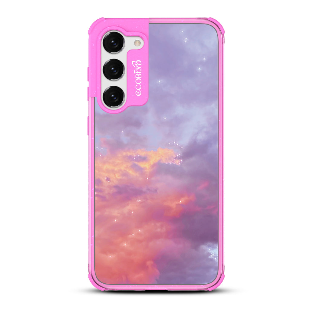 Star Crossed Lovers - Pink Eco-Friendly Galaxy S23 Case With Cloudy Pastel Sunset With Stars On A Clear Back