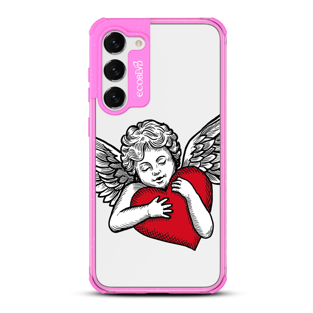 Cupid - Pink Eco-Friendly Galaxy S23 Case with Tattoo-Style Cupid + Red Heart On A Clear Back