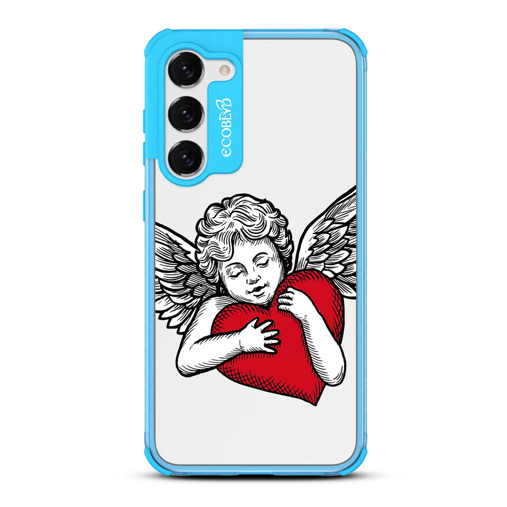 Cupid - Blue Eco-Friendly Galaxy S23 Case with Tattoo-Style Cupid + Red Heart On A Clear Back