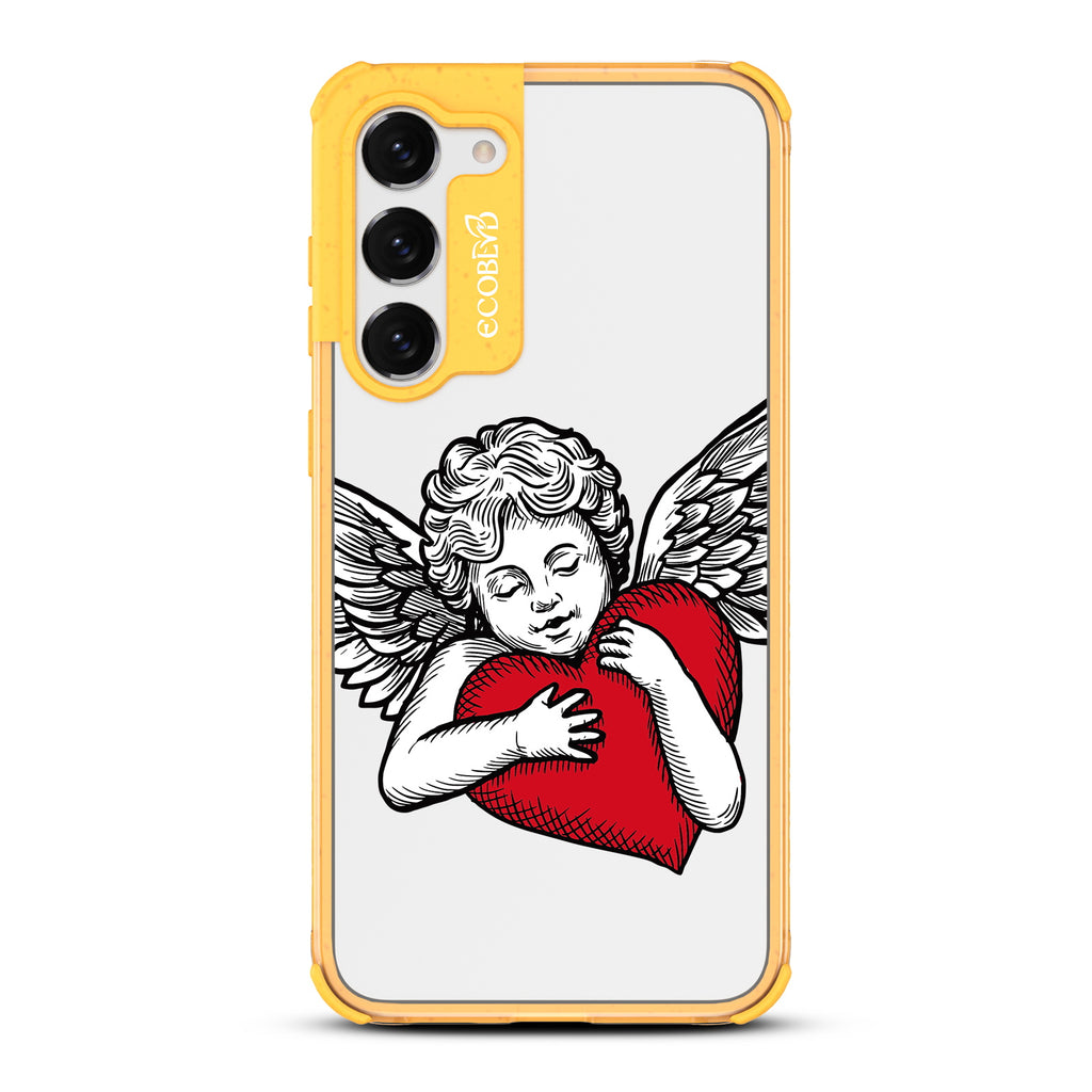 Cupid - Yellow Eco-Friendly Galaxy S23 Plus Case with Tattoo-Style Cupid + Red Heart On A Clear Back