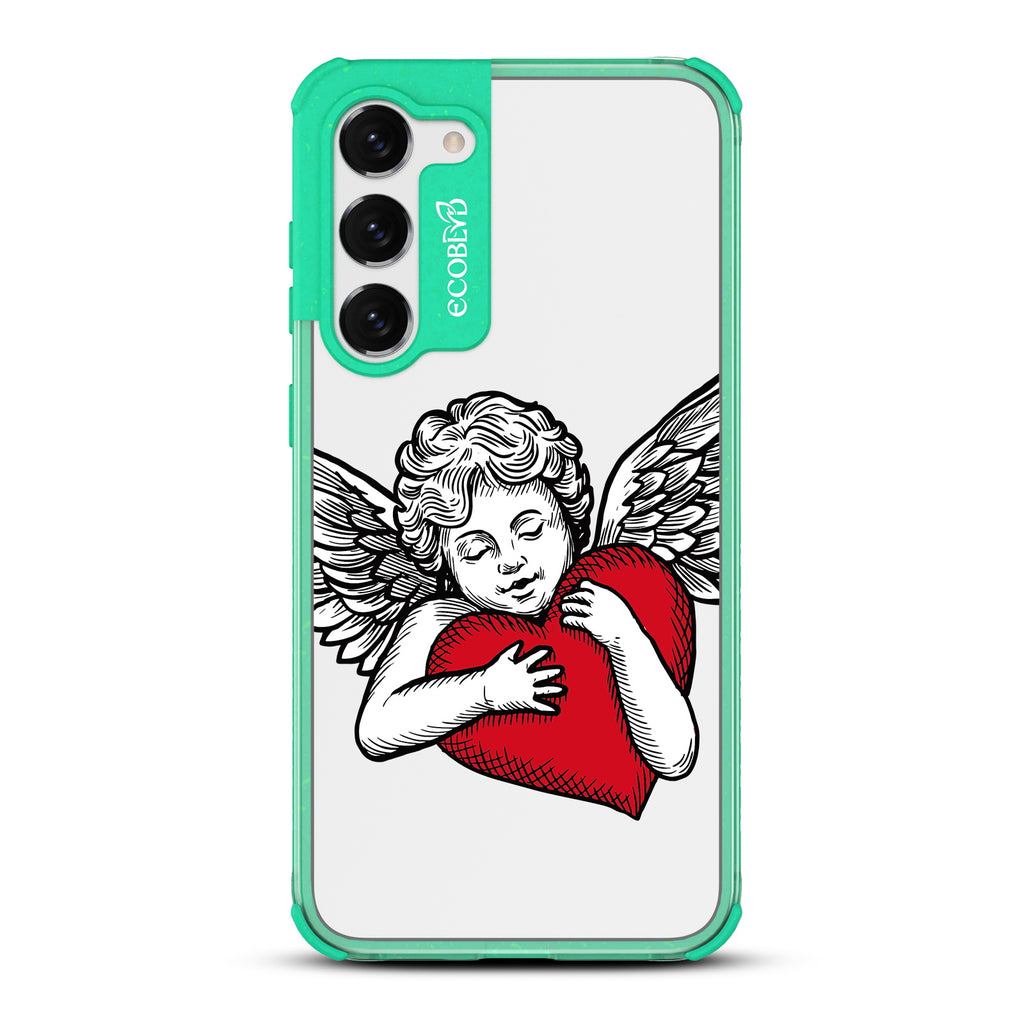 Cupid - Green Eco-Friendly Galaxy S23 Case with Tattoo-Style Cupid + Red Heart On A Clear Back