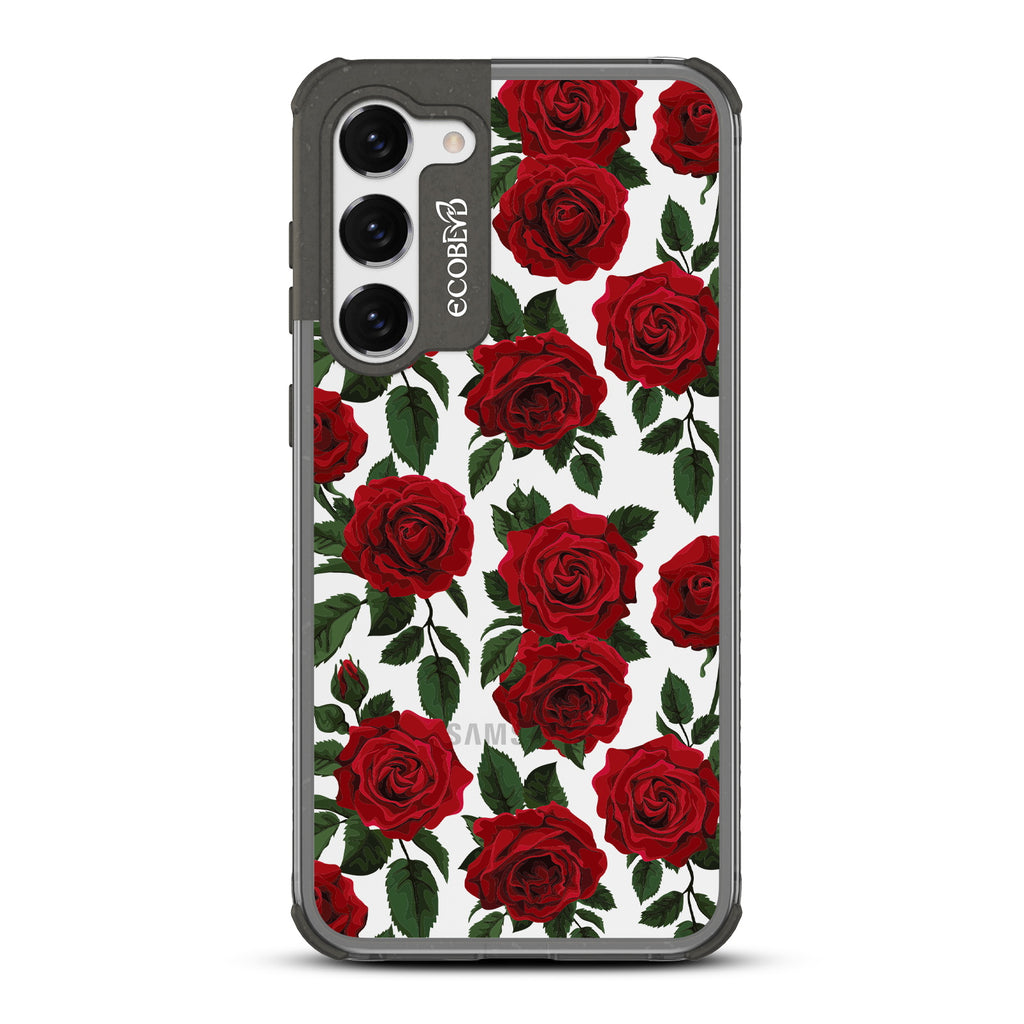 Smell the Roses - Black Eco-Friendly Galaxy S23 Plus Case With Red Roses & Leaves On A Clear Back