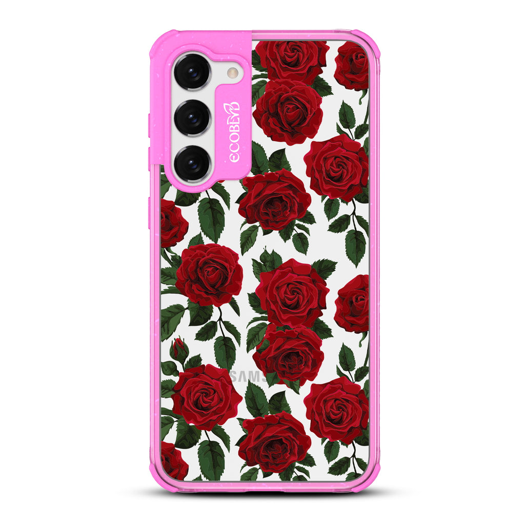 Smell the Roses - Pink Eco-Friendly Galaxy S23 Case With Red Roses & Leaves On A Clear Back