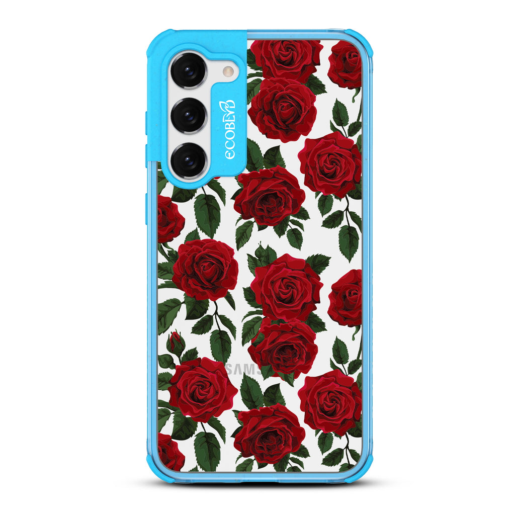 Smell the Roses - Blue Eco-Friendly Galaxy S23 Case With Red Roses & Leaves On A Clear Back