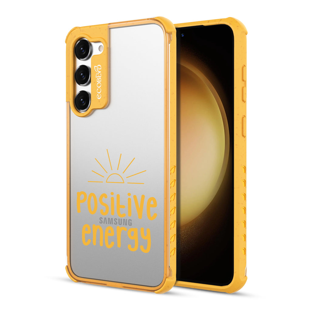 Positive Energy- Back View Of Yellow & Clear Eco-Friendly Galaxy S23 Case & A Front View Of The Screen