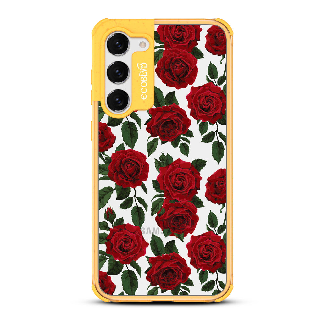Smell the Roses - Yellow Eco-Friendly Galaxy S23 Case With Red Roses & Leaves On A Clear Back
