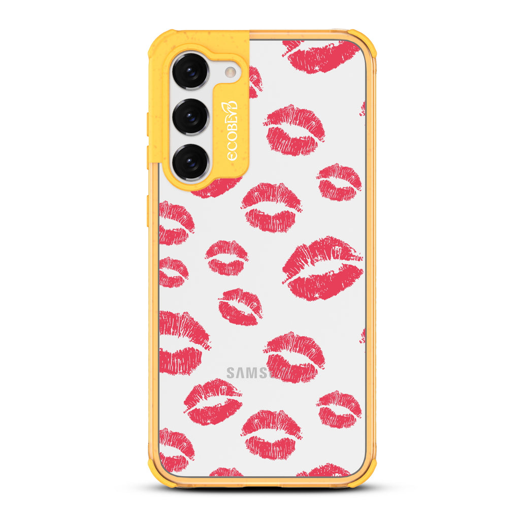 Bisou - Yellow Eco-Friendly Galaxy S23 Case with Red Lipstick Kisses On A Clear Back