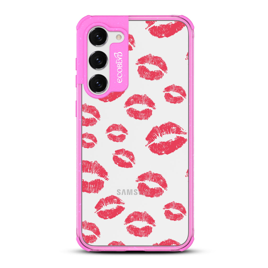 Bisou - Pink Eco-Friendly Galaxy S23 Case with Red Lipstick Kisses On A Clear Back