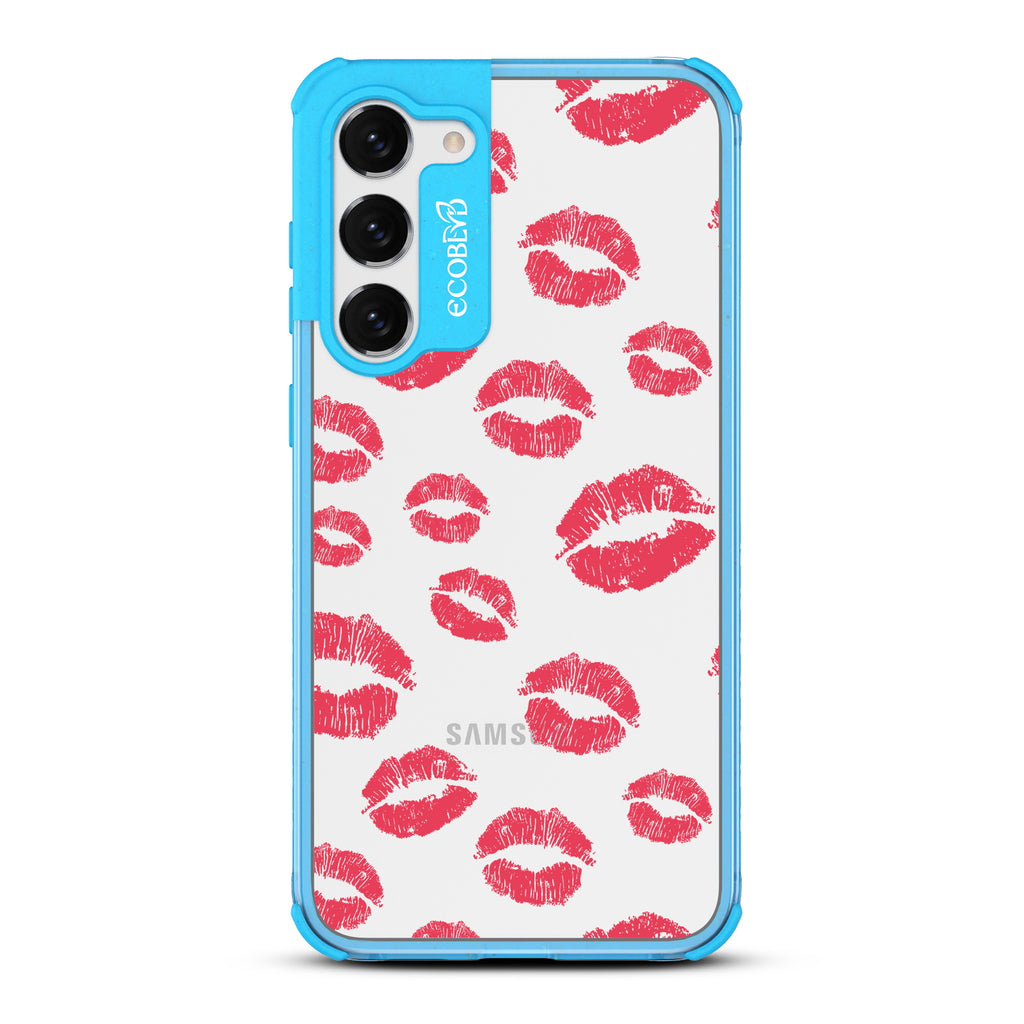Bisou - Blue Eco-Friendly Galaxy S23 Case with Red Lipstick Kisses On A Clear Back