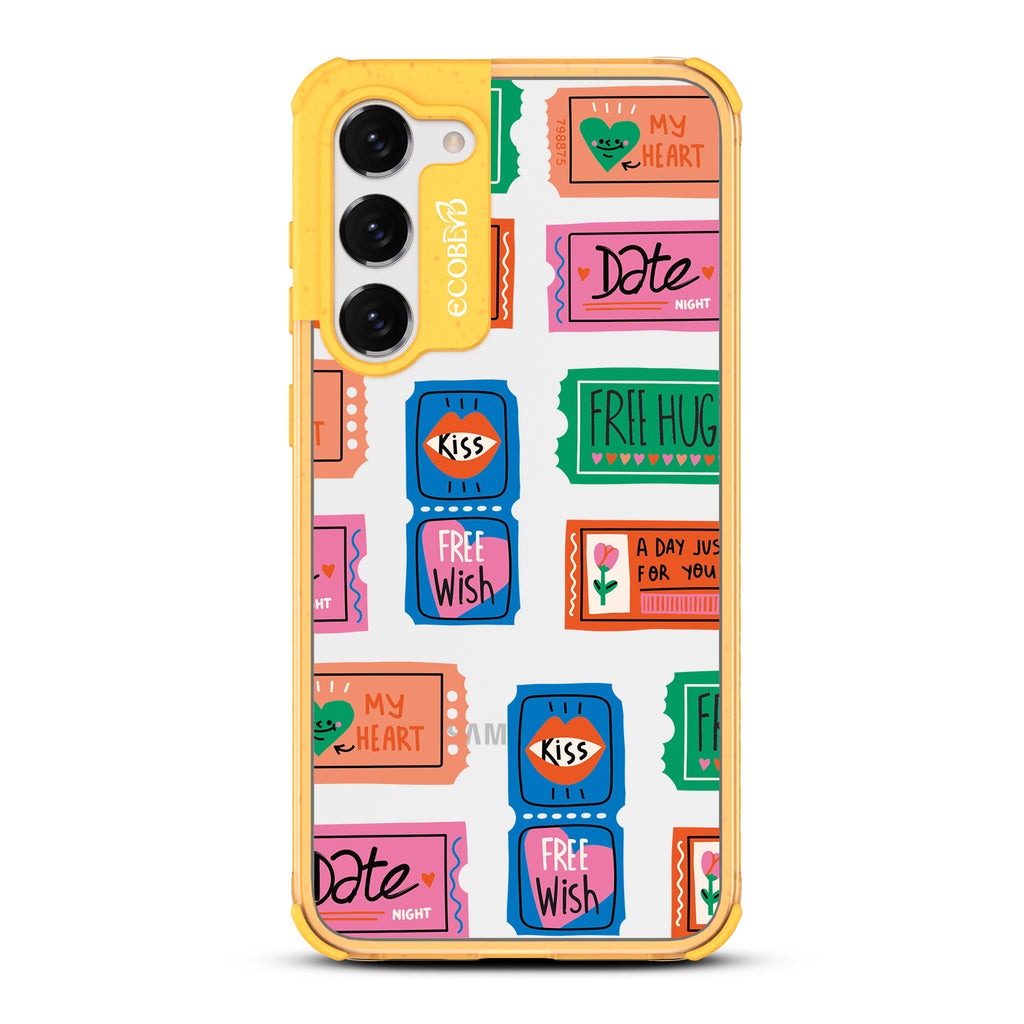 Love Coupons - Yellow Eco-Friendly Galaxy S23 Case With Coupons For Date Night, A Free Kiss, & More On A Clear Back