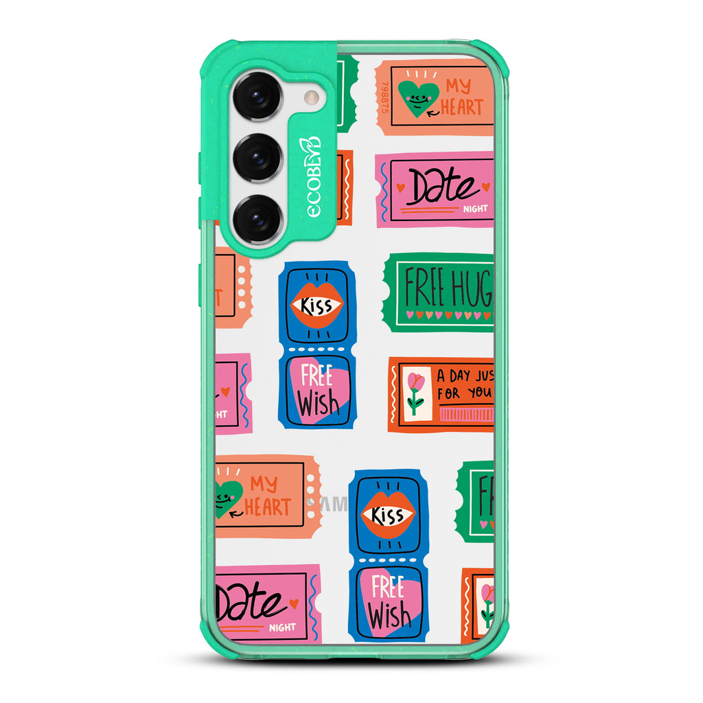 Love Coupons - Green Eco-Friendly Galaxy S23 Case With Coupons For Date Night, A Free Kiss, & More On A Clear Back