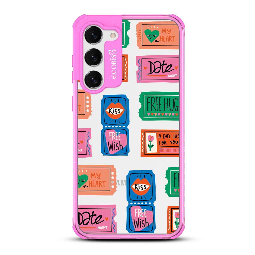 Love Coupons - Pink Eco-Friendly Galaxy S23 Case With Coupons For Date Night, A Free Kiss, & More On A Clear Back
