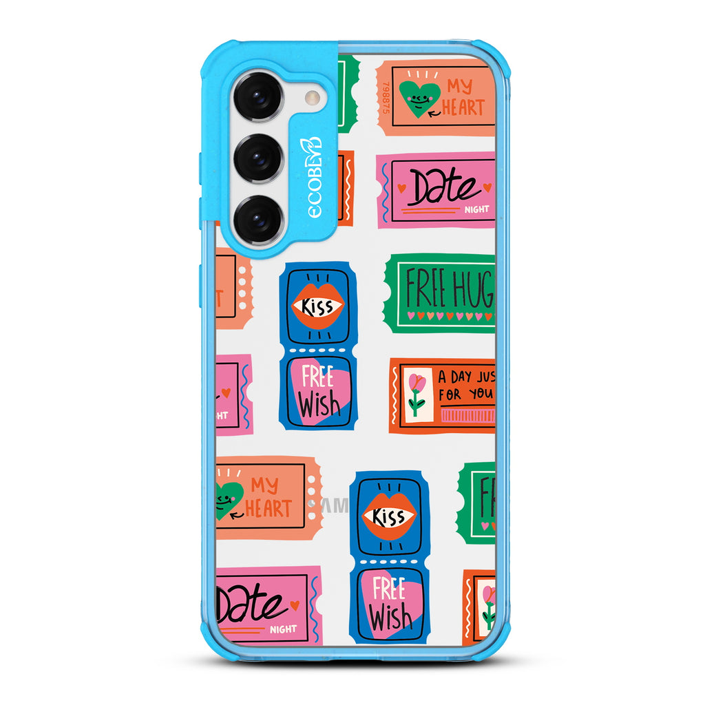 Love Coupons - Blue Eco-Friendly Galaxy S23 Case With Coupons For Date Night, A Free Kiss, & More On A Clear Back