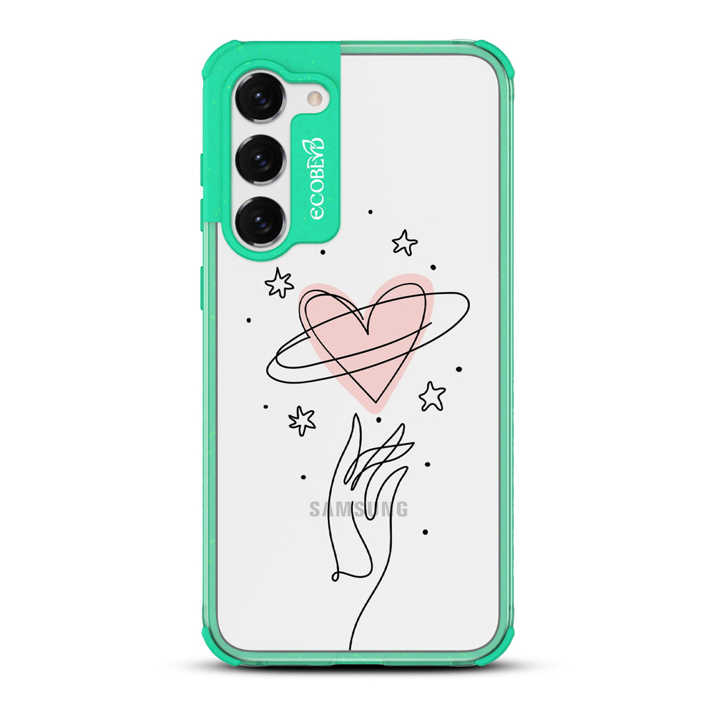 Be Still My Heart - Green Eco-Friendly Galaxy S23 Case with Hand Reaching For Pink Heart With Stars On A Clear Back
