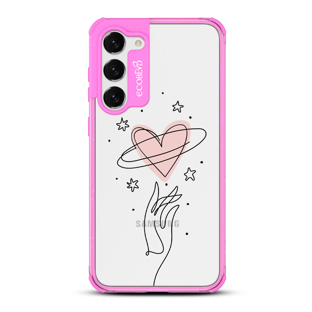 Be Still My Heart - Green Eco-Friendly Galaxy S23 Case with Hand Reaching For Pink Heart With Stars On A Clear Back