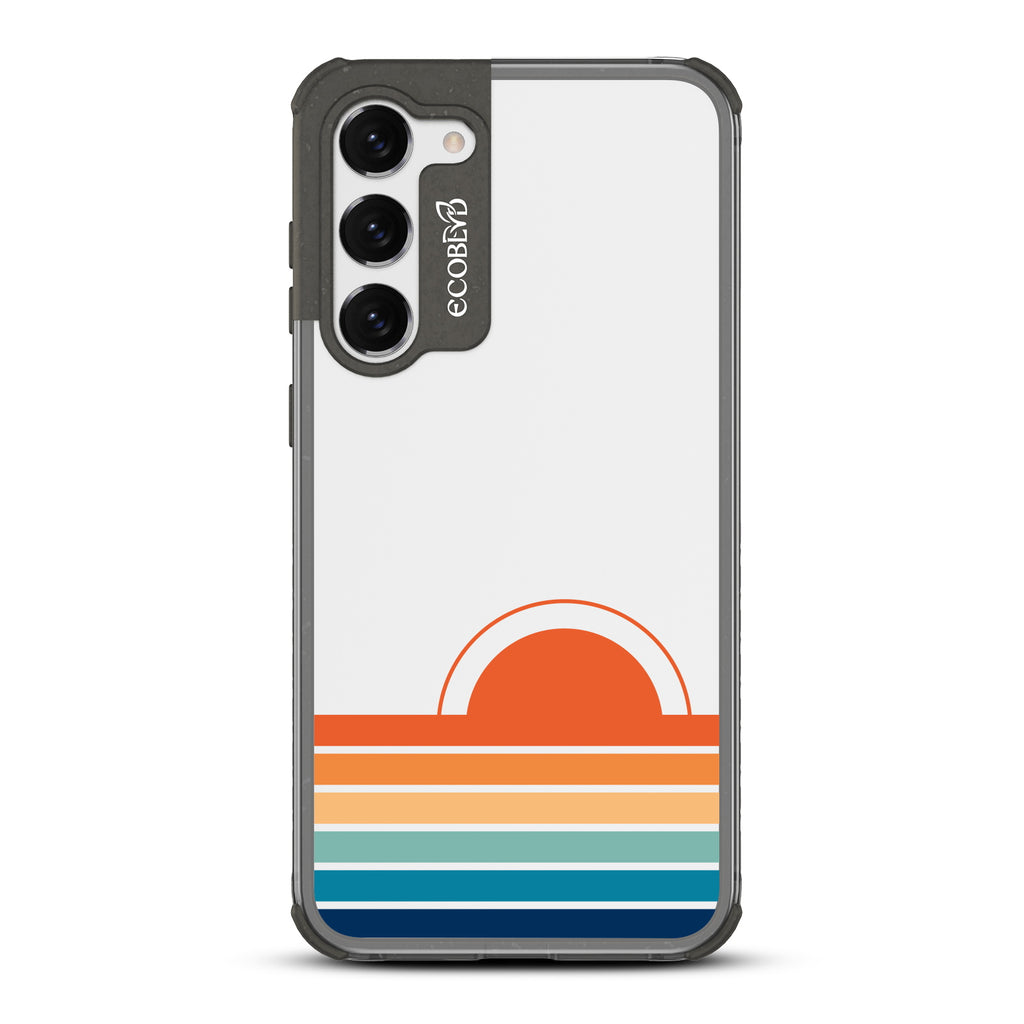 Rise N??????Shine - Black Eco-Friendly Galaxy S23 Plus Case With A Sun Rising From Rainbow Stripes On A Clear Back